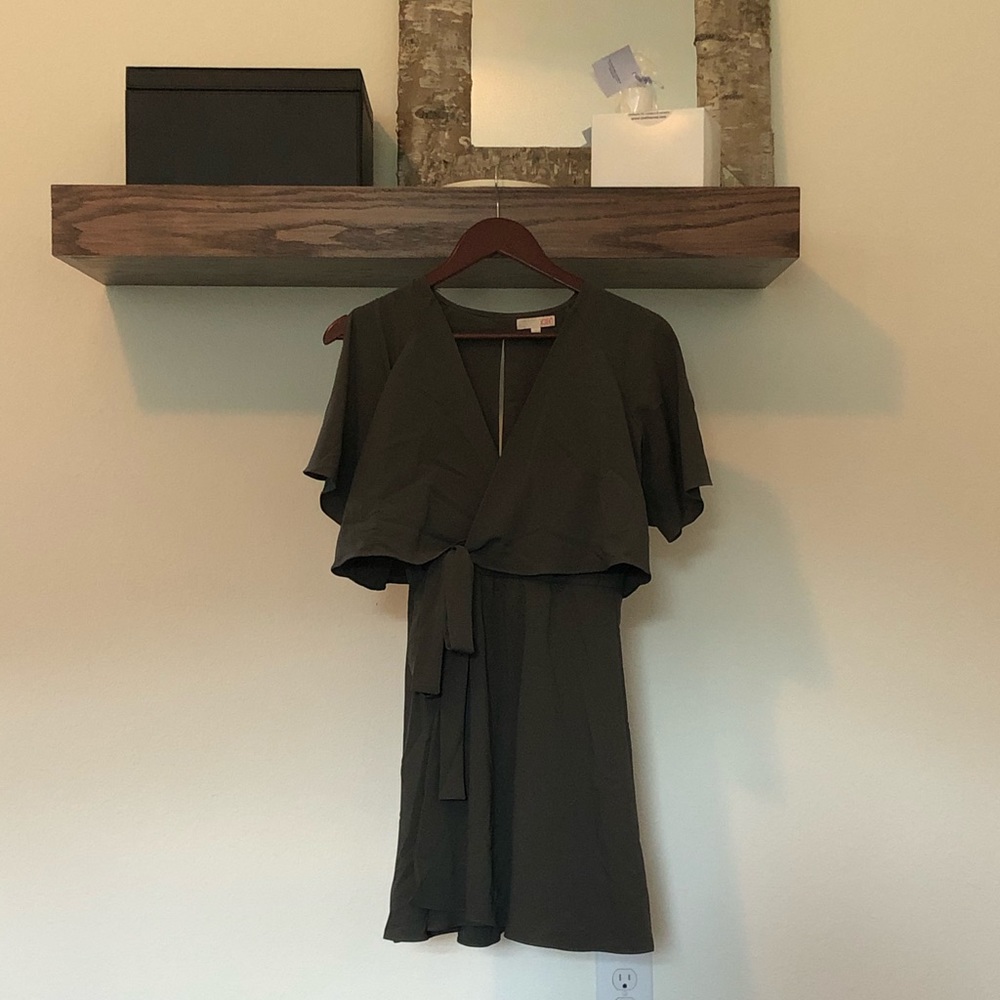 Olive Green Flutter Sleeve Wrap Dress